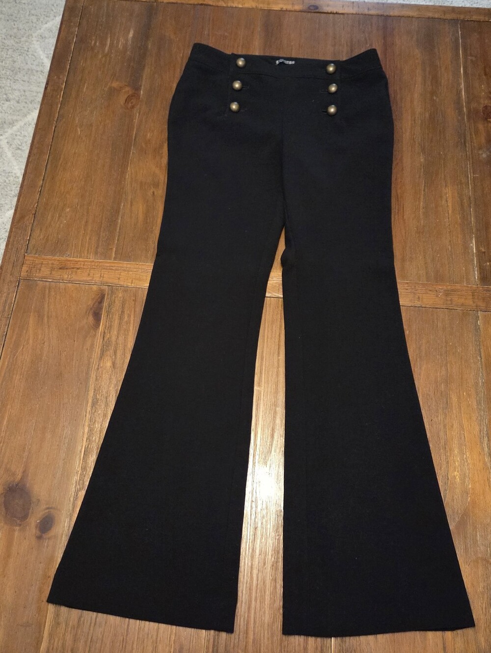 Express Sailor Crop Flare Pants Wide Leg Black Gold Buttons Mid Rise Stretch 8